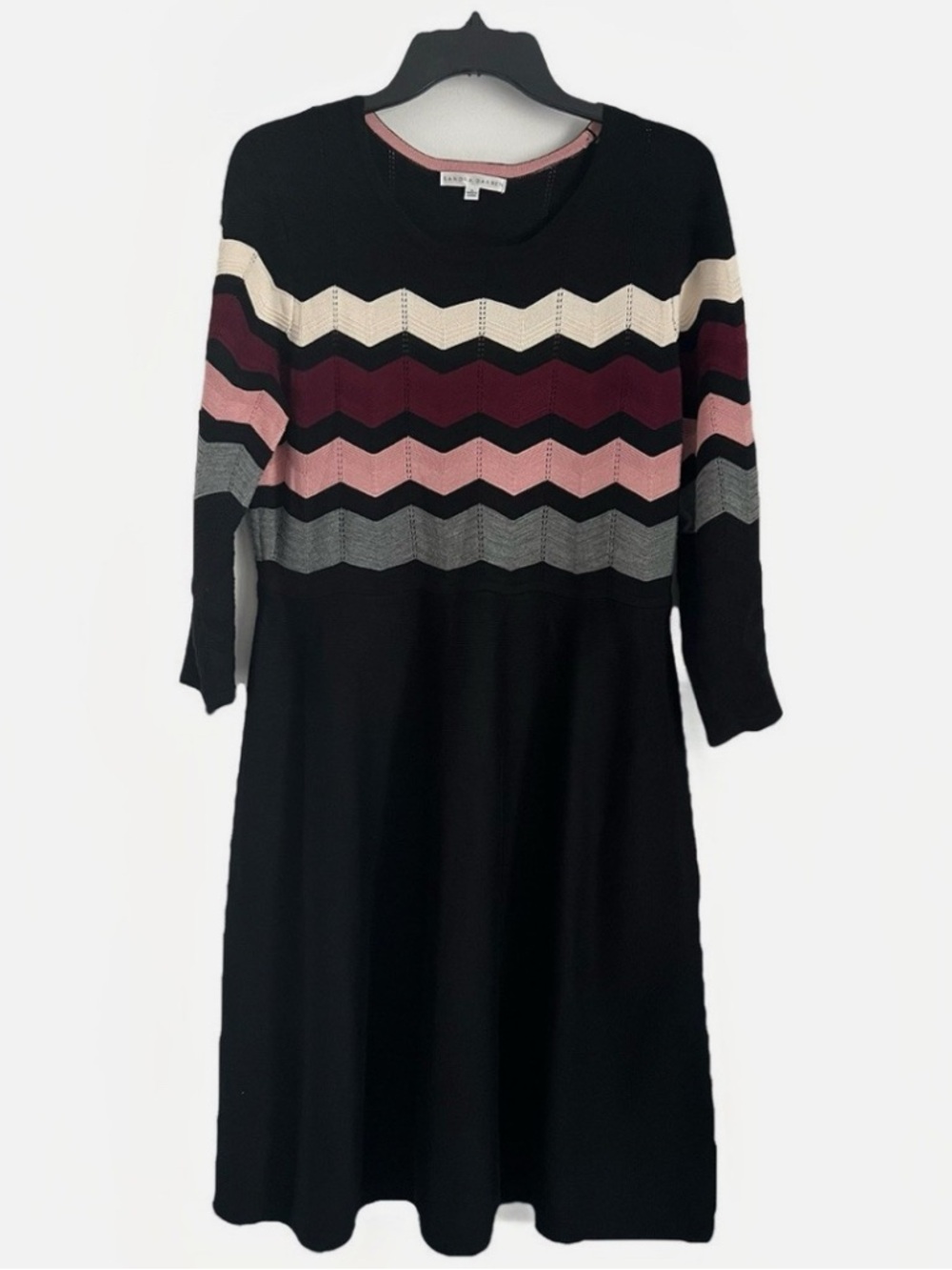 Sandra Darren Black Knit Dress with Pink, Burgundy & Gray Chevron Stripes